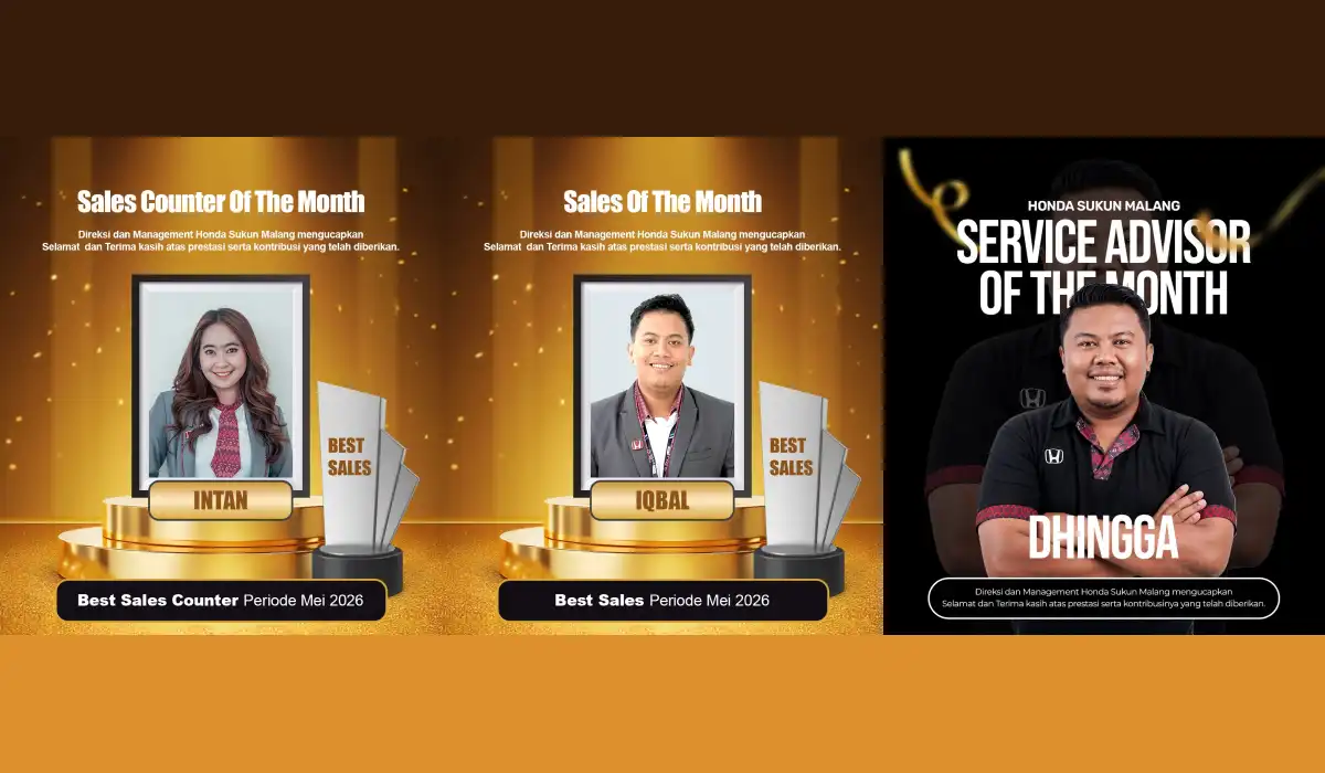 Siapa bintang pelayanan di Malang bulan ini? Kenali Iqbal, Intan, & Dhingga, peraih Best of the Month Mei 2026 Honda Sukun Malang yang solutif!